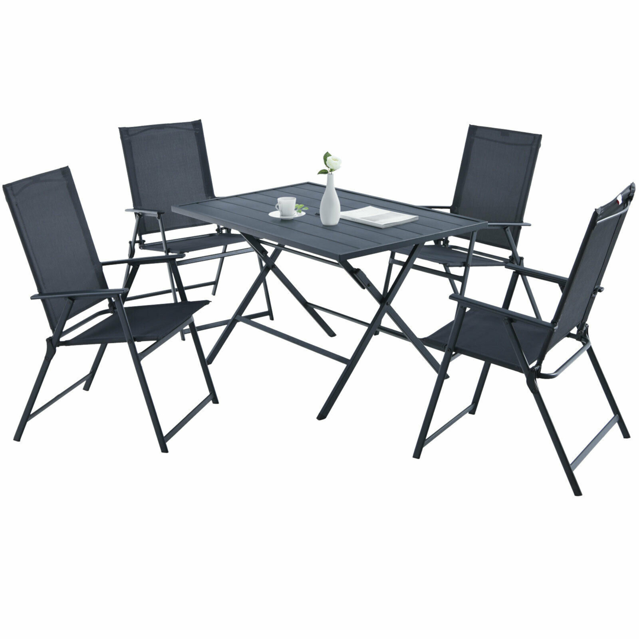 5PCS Patio Folding Table & Chairs Set Outdoor Dining Set W/ Umbrella Hole