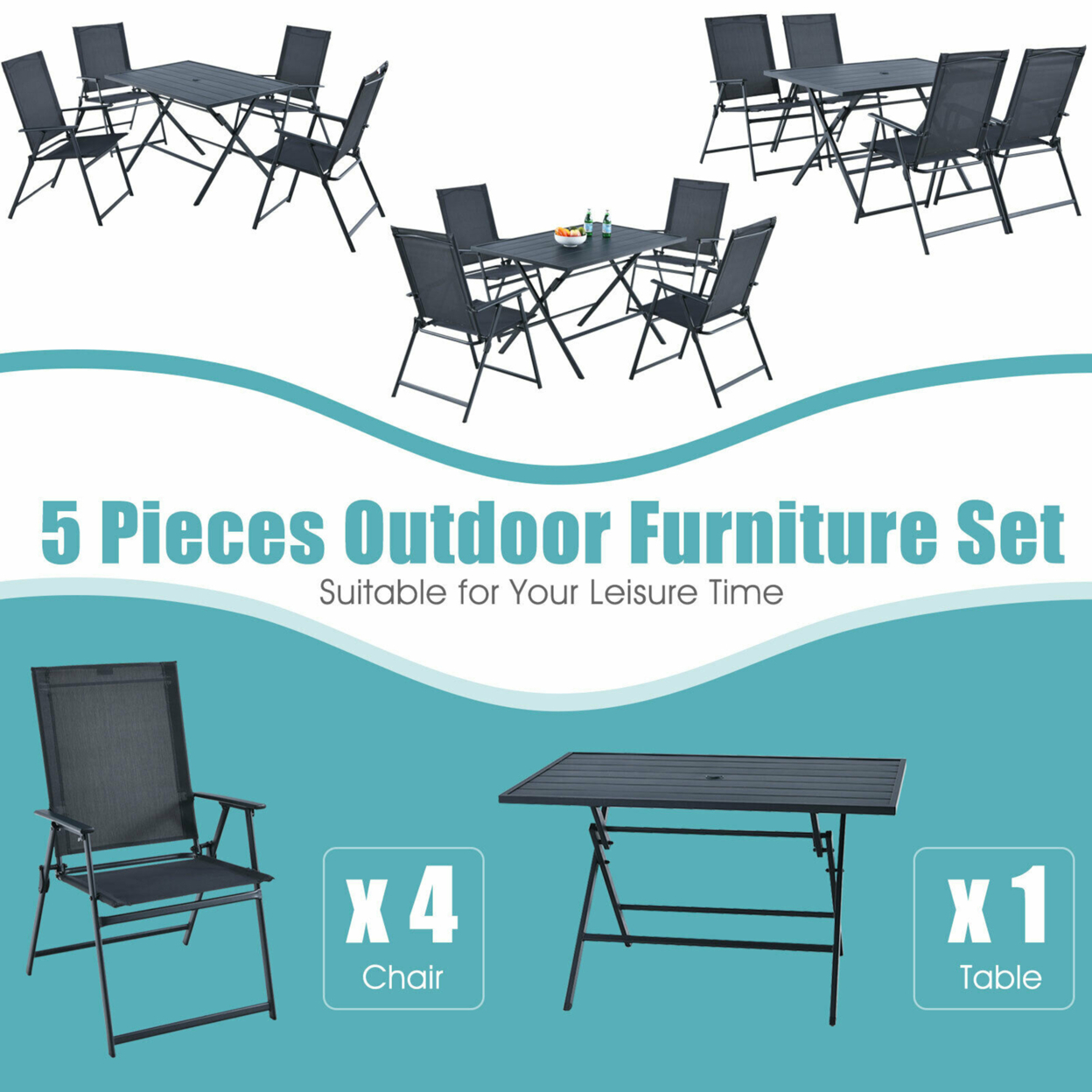 5PCS Patio Folding Table & Chairs Set Outdoor Dining Set W/ Umbrella Hole