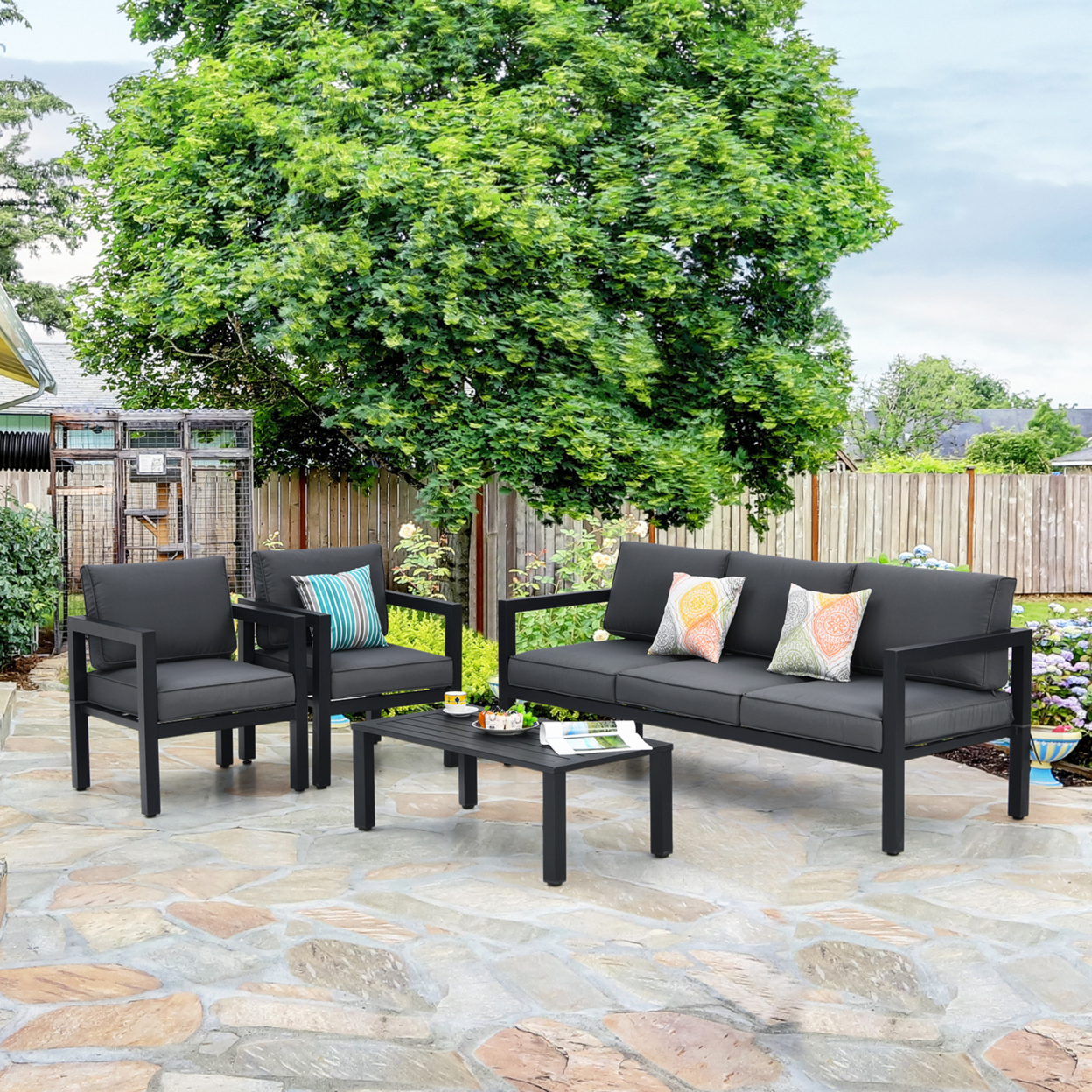 4PCS Patio Conversation Furniture Set Outdoor Cushioned Sectional Sofa Set