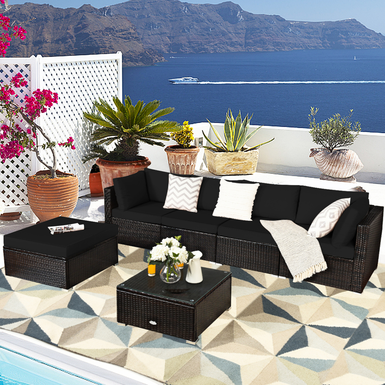 6PCS Rattan Patio Sectional Sofa Set Outdoor Furniture Set W/ Black Cushions