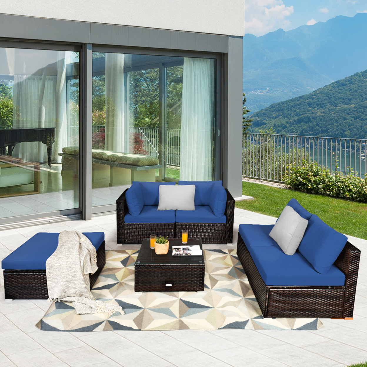6PCS Rattan Patio Sectional Sofa Set Outdoor Furniture Set W/ Navy Cushions