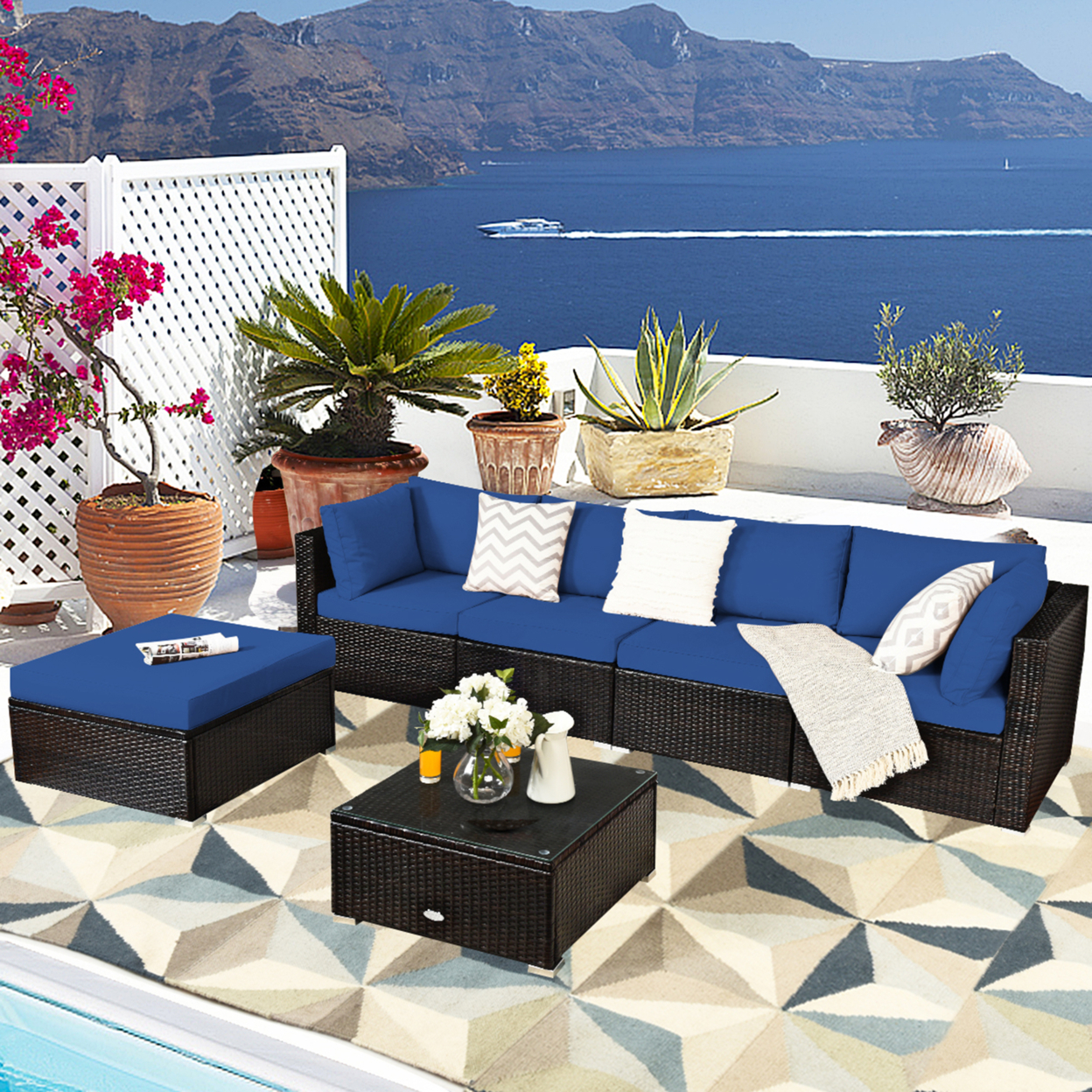 6PCS Rattan Patio Sectional Sofa Set Outdoor Furniture Set W/ Navy Cushions