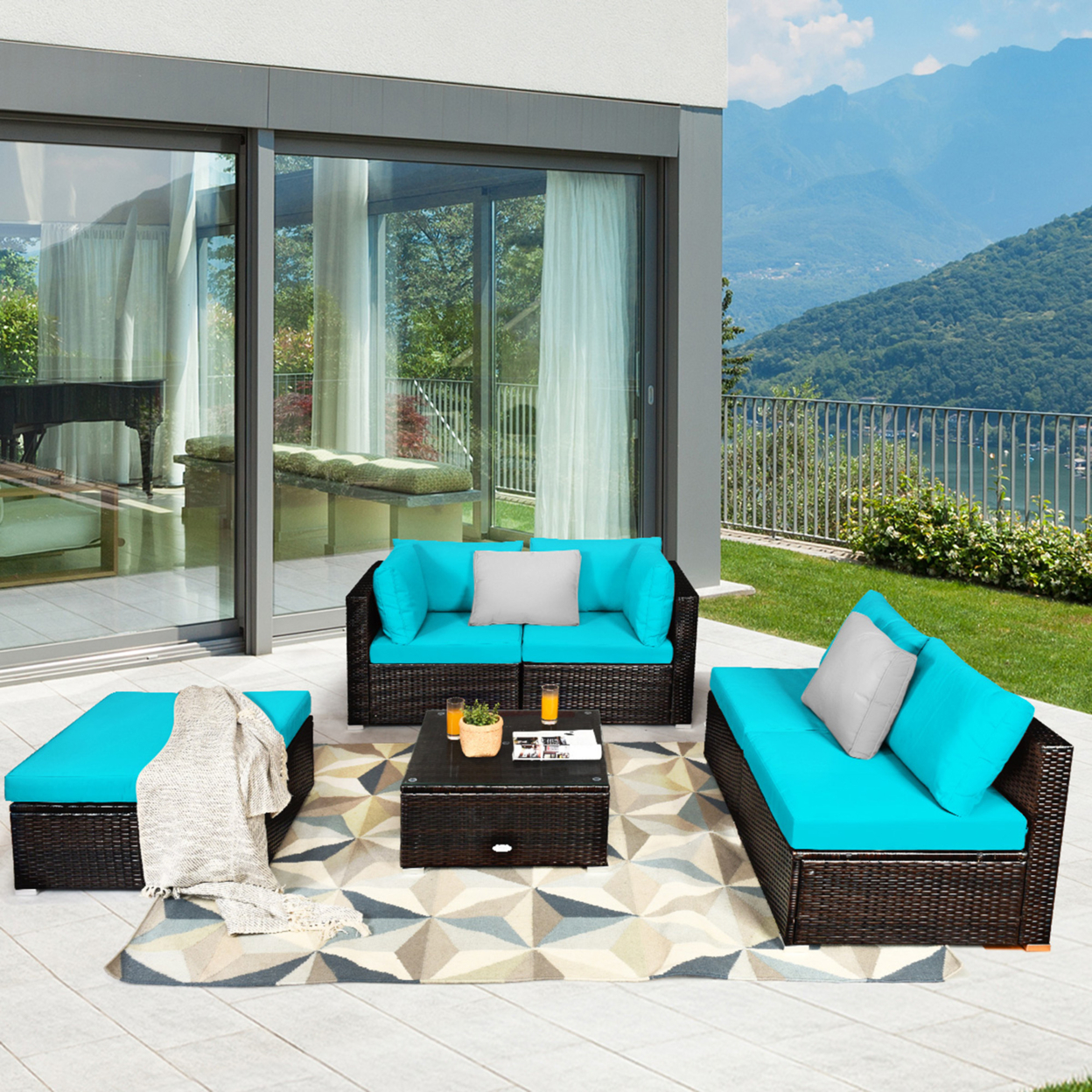6PCS Rattan Patio Sectional Sofa Set Outdoor Furniture Set W/ Turquoise Cushions