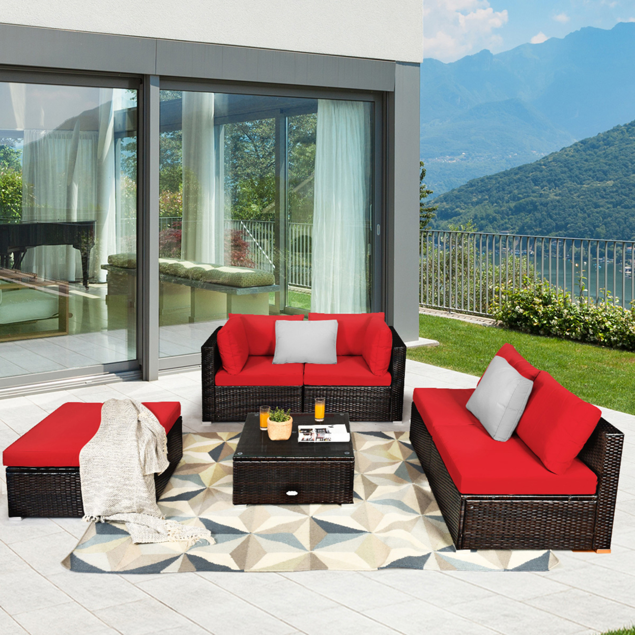 6PCS Rattan Patio Sectional Sofa Set Outdoor Furniture Set W/ Red Cushions
