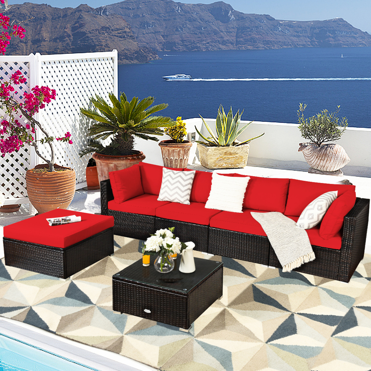 6PCS Rattan Patio Sectional Sofa Set Outdoor Furniture Set W/ Red Cushions