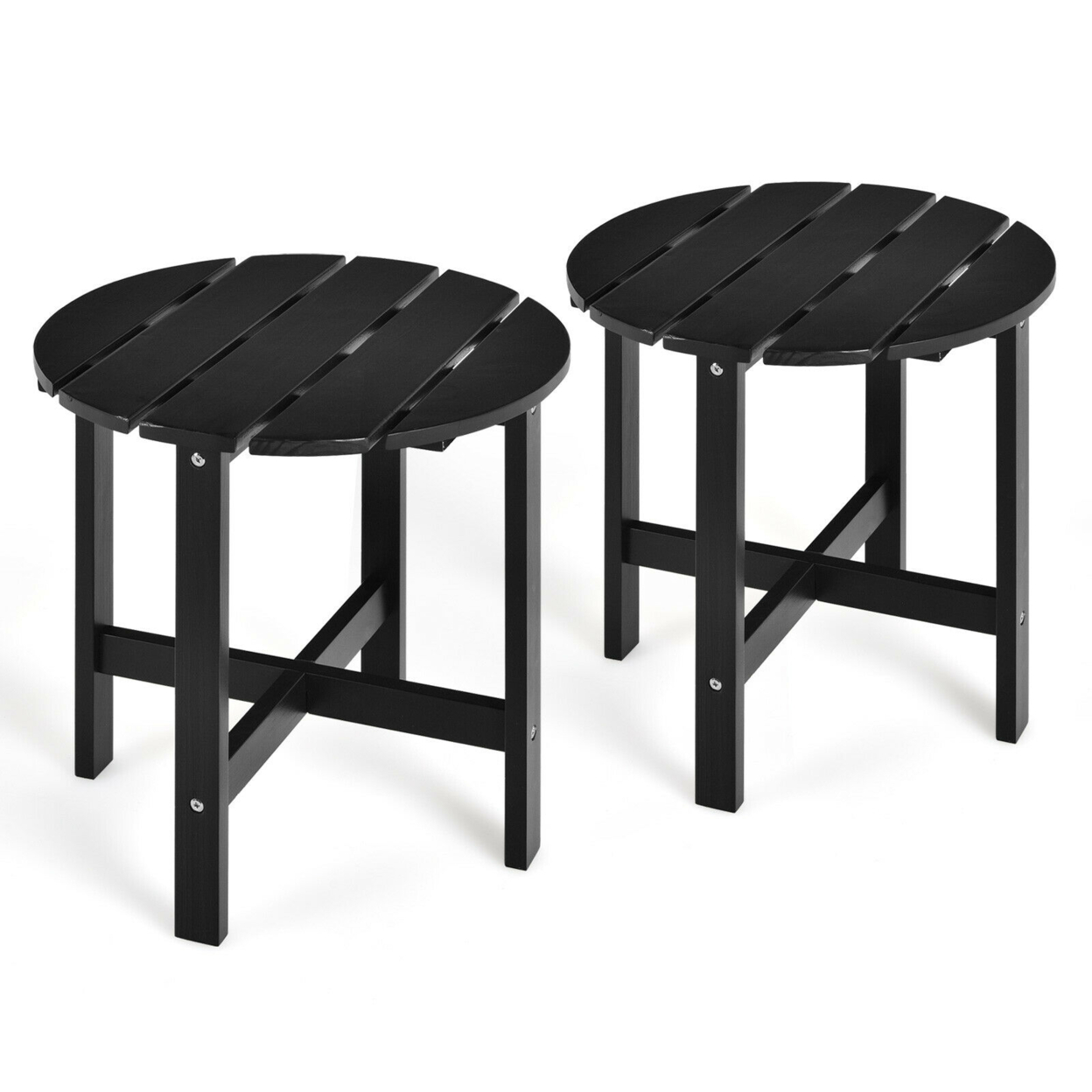 2 PCS 18'' Patio Round Side End Coffee Table Wooden Slat Deck - Black