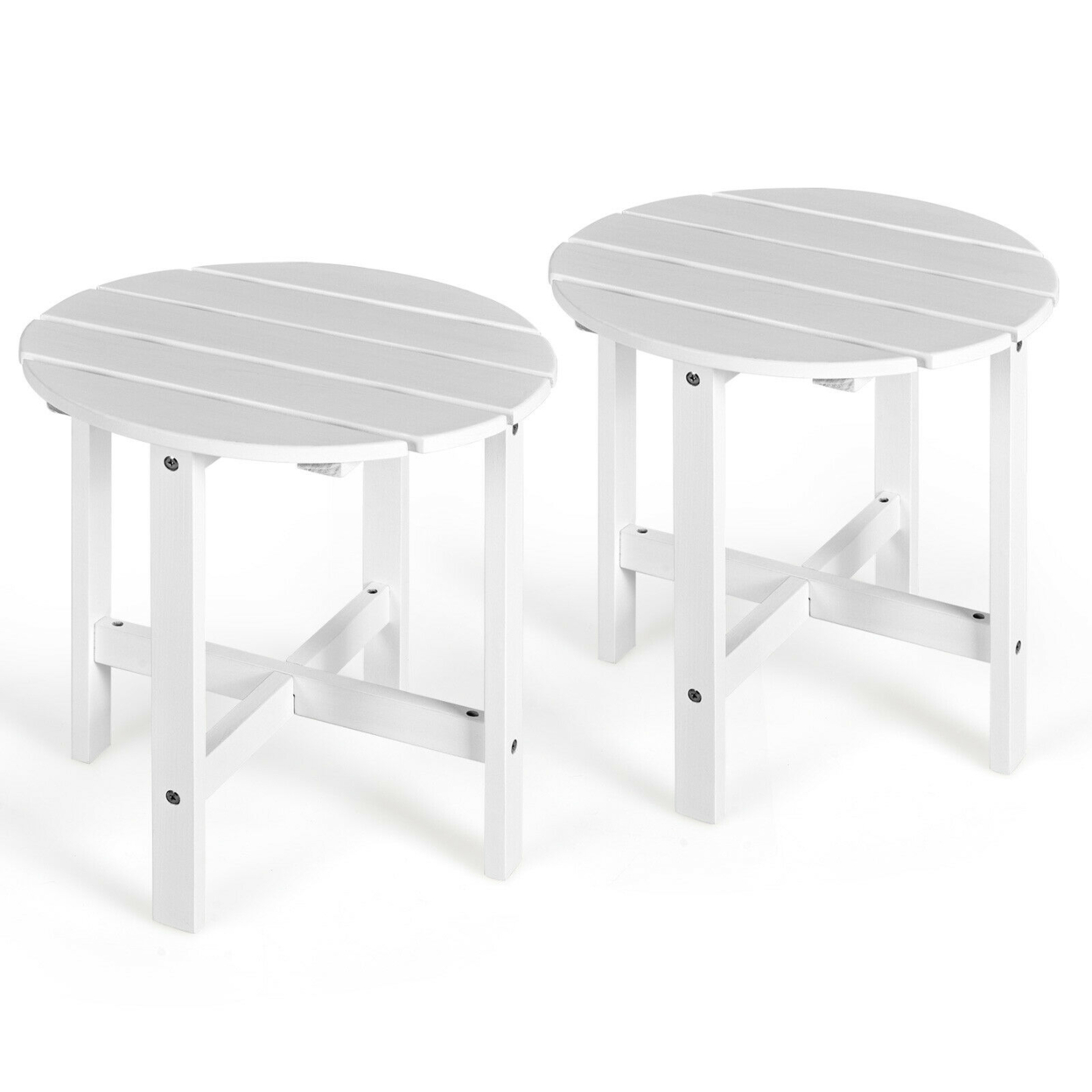 2 PCS 18'' Patio Round Side End Coffee Table Wooden Slat Deck - White
