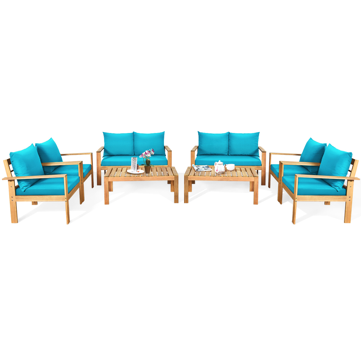 8PCS Patio Acacia Wood Conversation Furniture Set W/ Turquoise Cushions