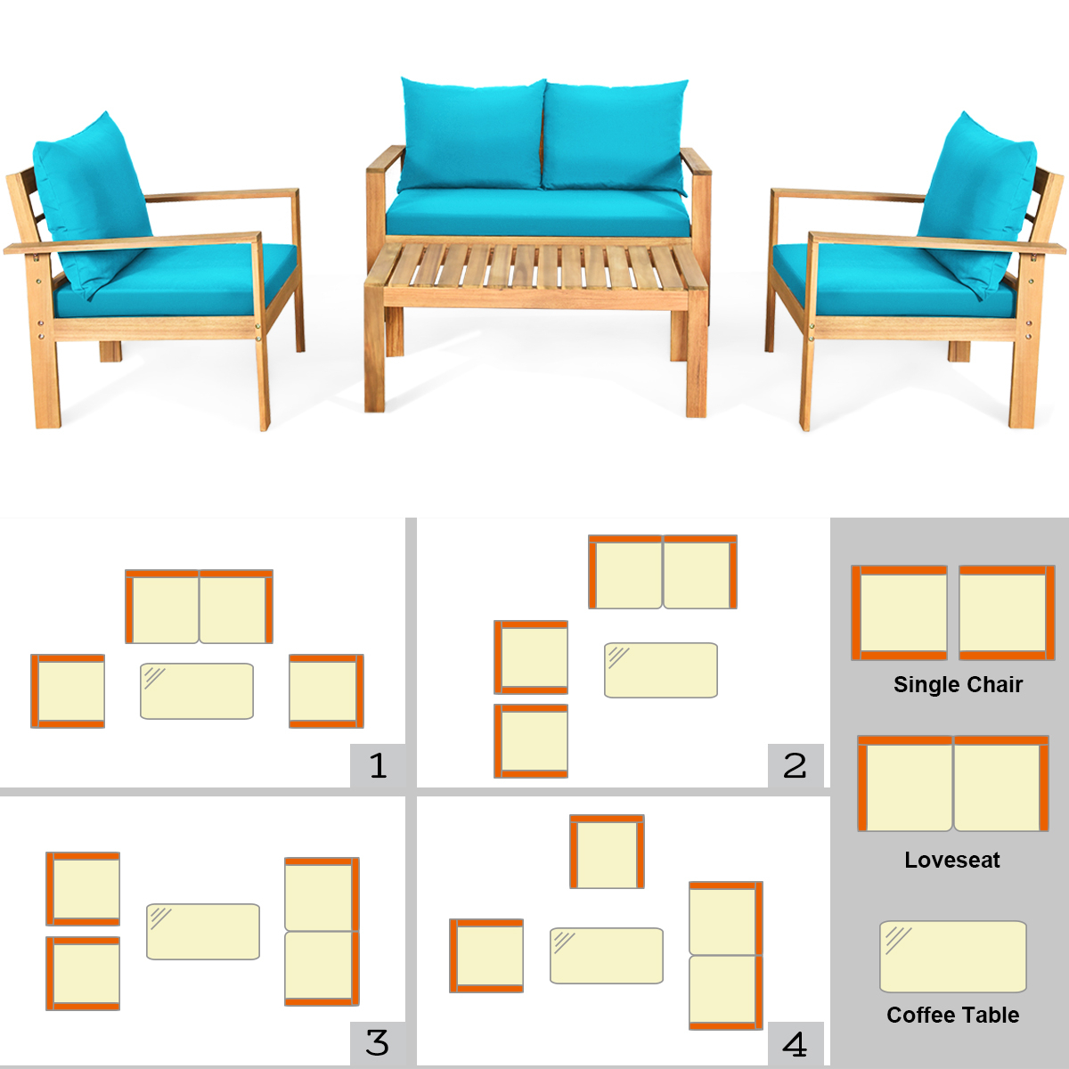 4PCS Patio Acacia Wood Conversation Furniture Set W/ Turquoise Cushions
