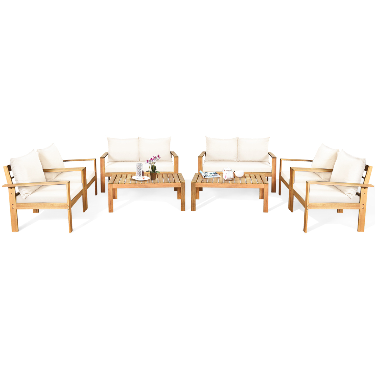 8PCS Patio Acacia Wood Conversation Furniture Set W/ Off White Cushions