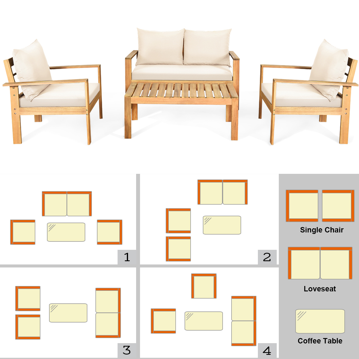 4PCS Patio Acacia Wood Conversation Furniture Set W/ Off White Cushions