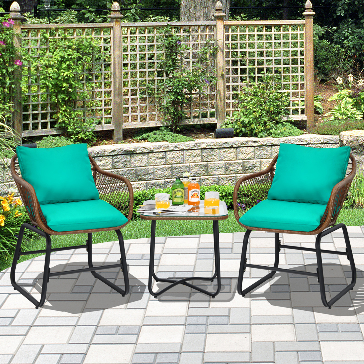3PCS Outdoor Bistro Set Patio Conversation Furniture Set W/ Turquoise Cushions