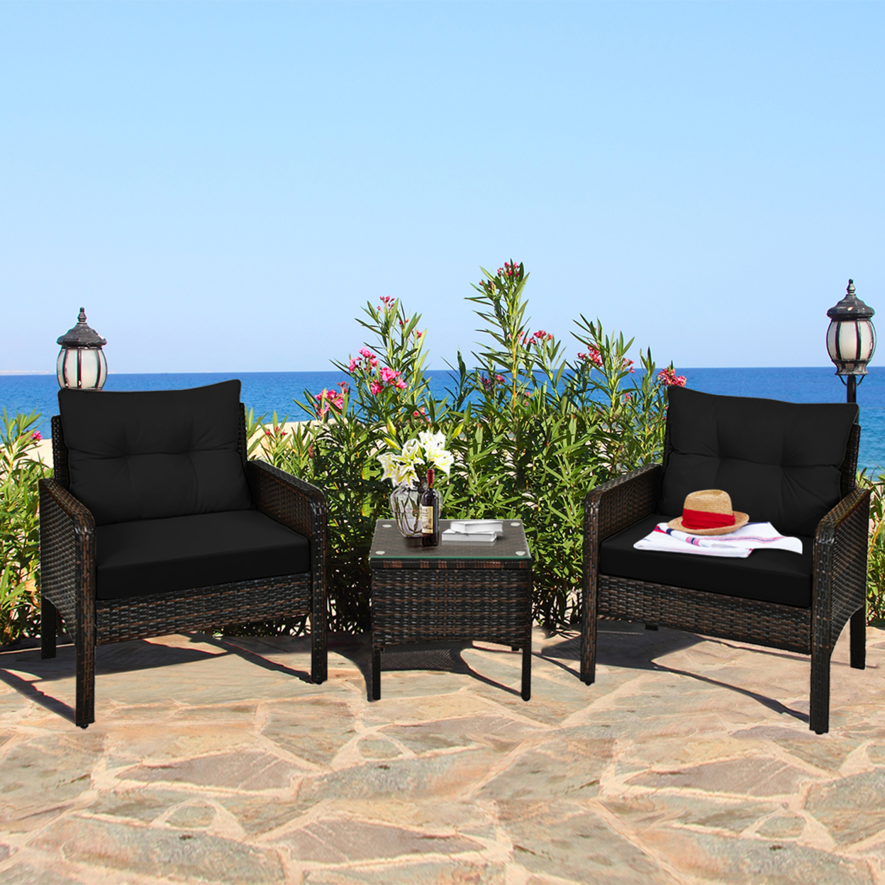 3PCS Rattan Patio Conversation Furniture Set Yard Outdoor W/ Black Cushions