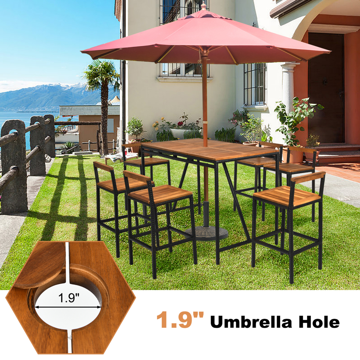 7PCS Outdoor Acacia Wood Dining Set PE Rattan Patio Bar Set W/ Umbrella Hole