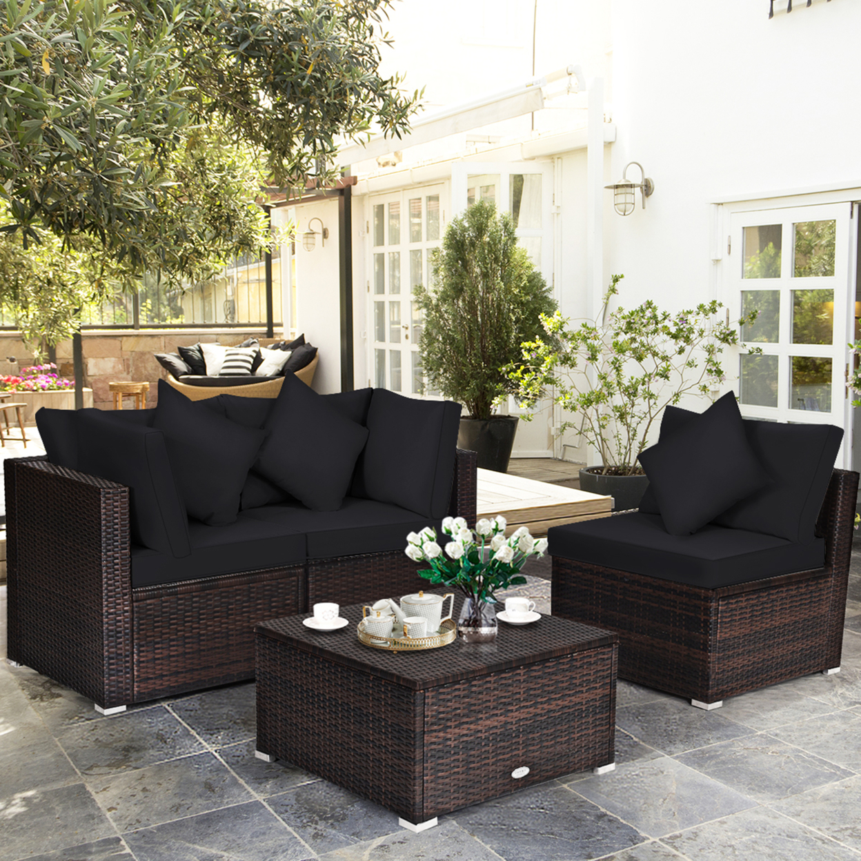 4PCS Rattan Patio Conversation Furniture Set Yard Outdoor W/ Black Cushion