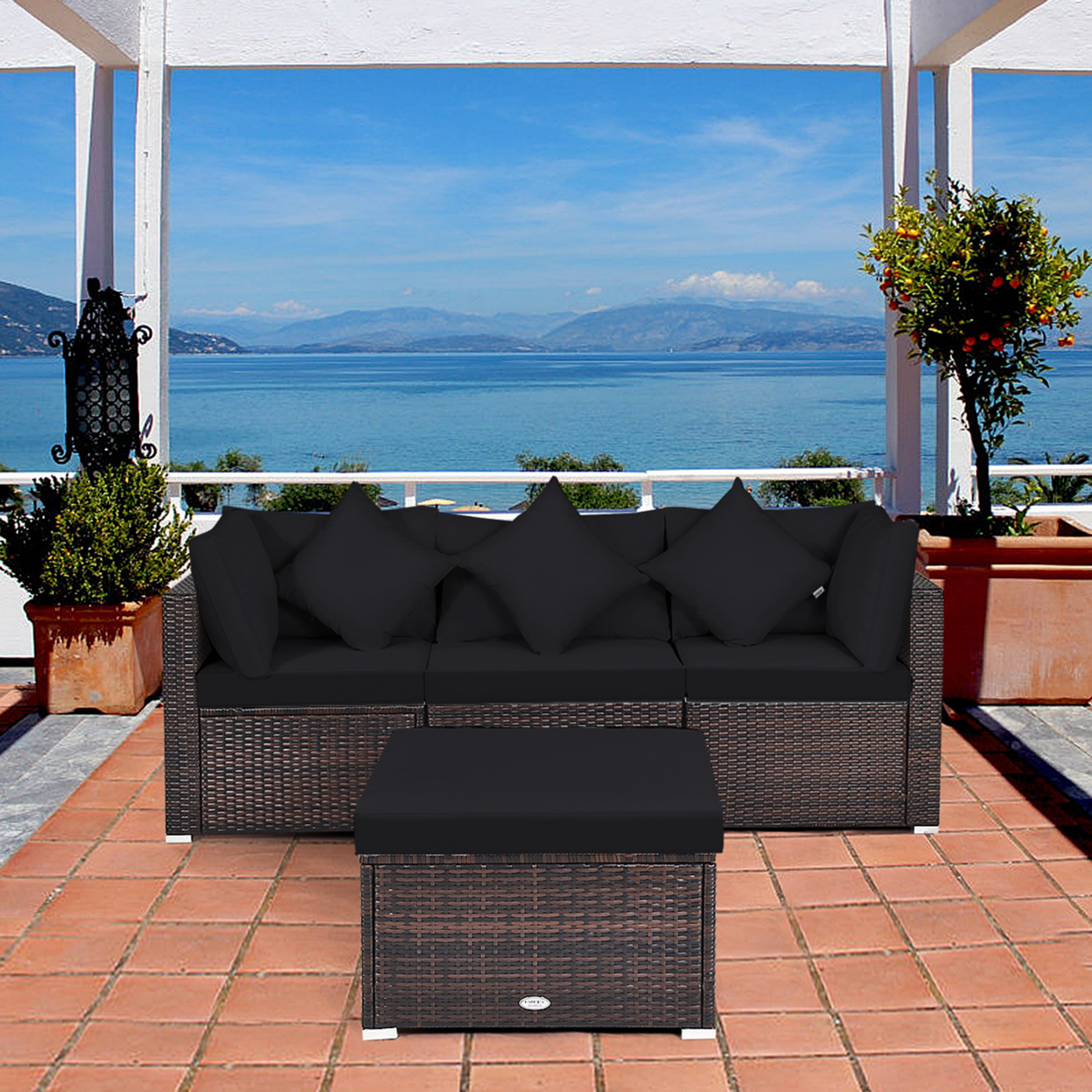 4PCS Rattan Patio Conversation Furniture Set Yard Outdoor W/ Black Cushion