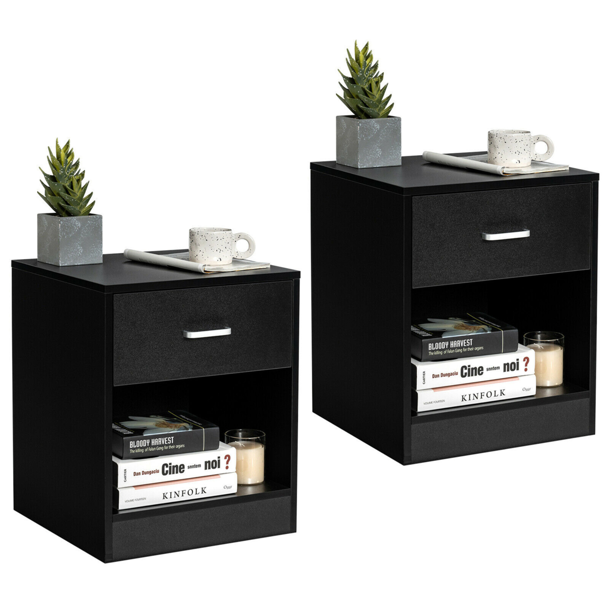 Set Of 2 Nightstand End Side Table Storage Cabinet W/ Drawer Home Office - Black