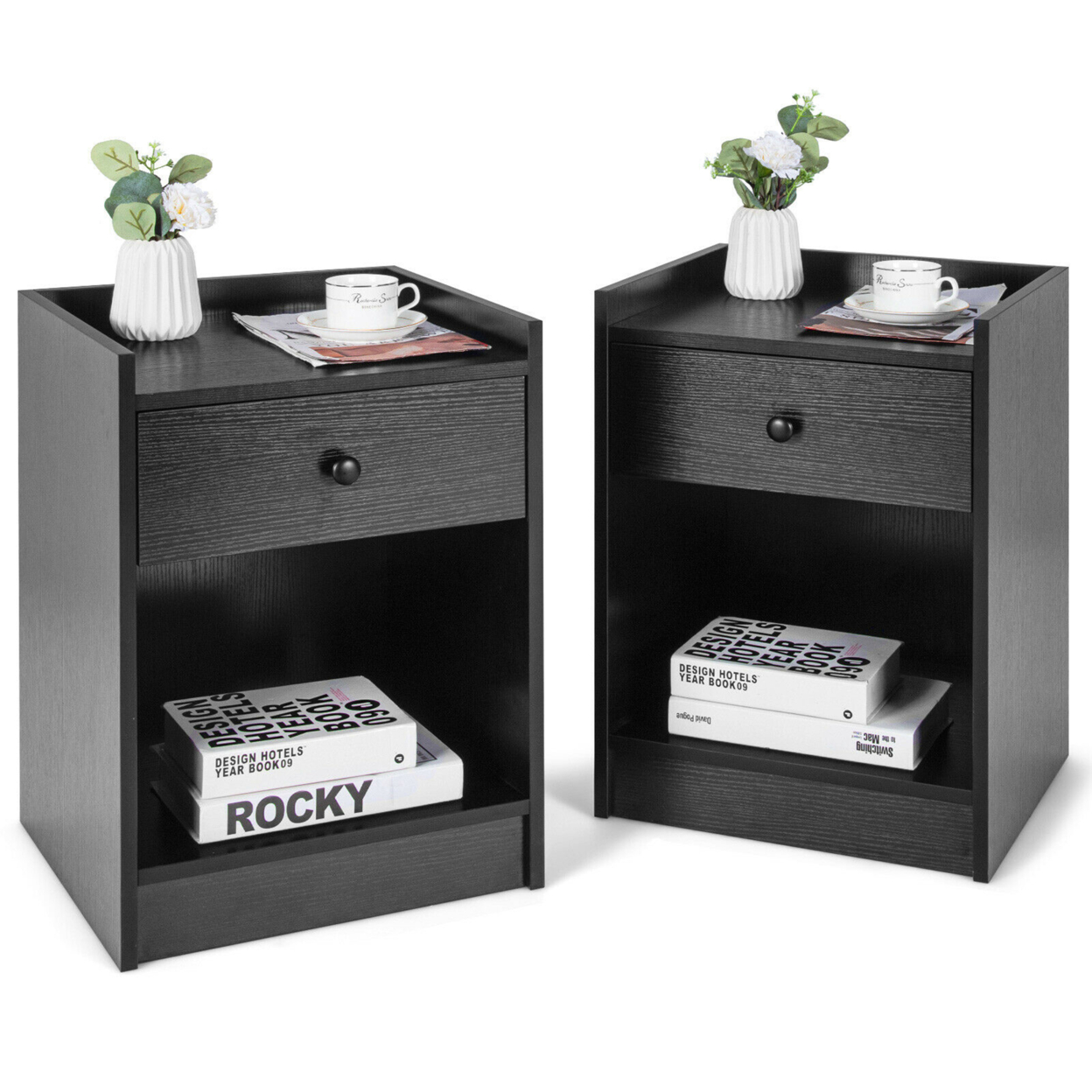Set Of 2 Nightstand With Drawer Cabinet End Side Table Raised Top - Black