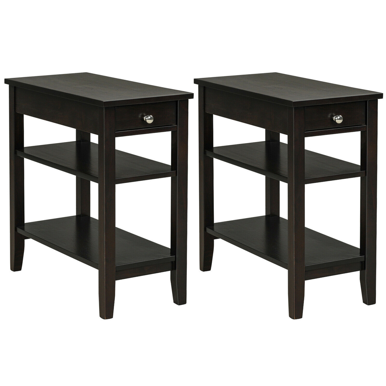 2PCS 3-Tier End Table Sofa Side Table Nightstand W/ Shelf & Drawer - Brown