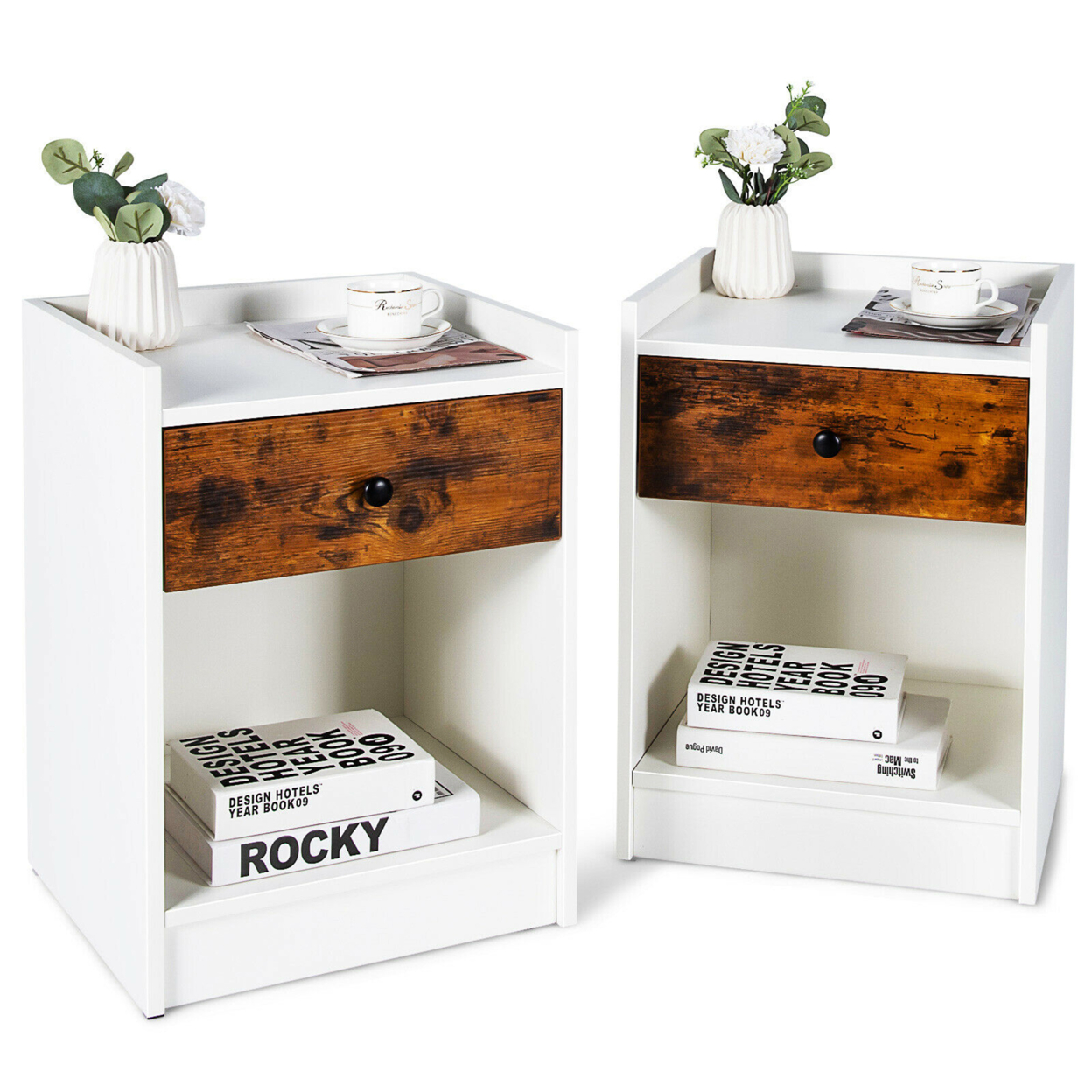 Set Of 2 Nightstand With Drawer Cabinet End Side Table Raised Top - White