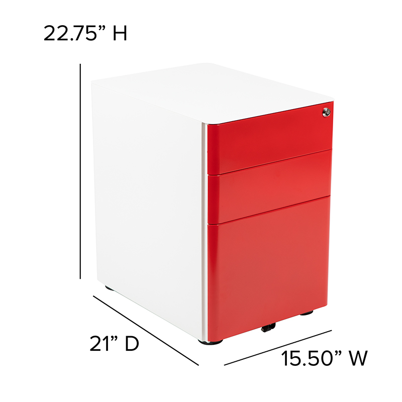 Modern 3-Drawer Mobile Locking Filing Cabinet With Anti-Tilt Mechanism & Letter Or Legal Drawer, White With Red Faceplate