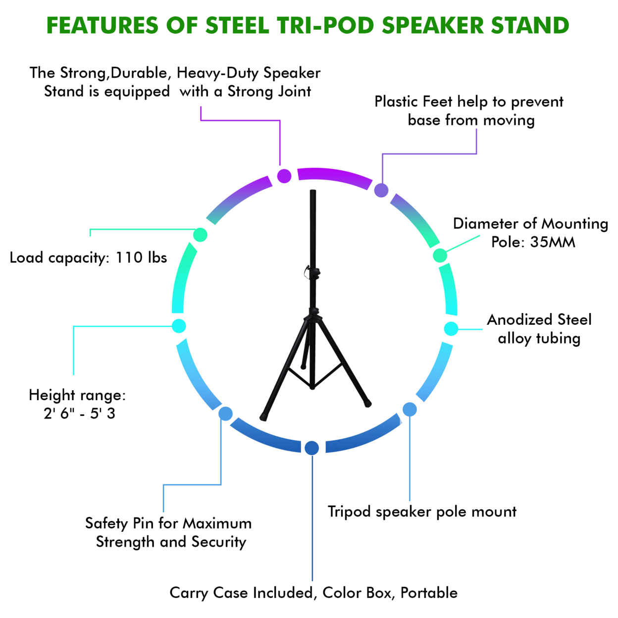 Technical Pro Professional Steel Tri-Pod Speaker Stand, Loudspeaker Mounting Stand - Perfect For Home, On-Stage Or In-Studio Use
