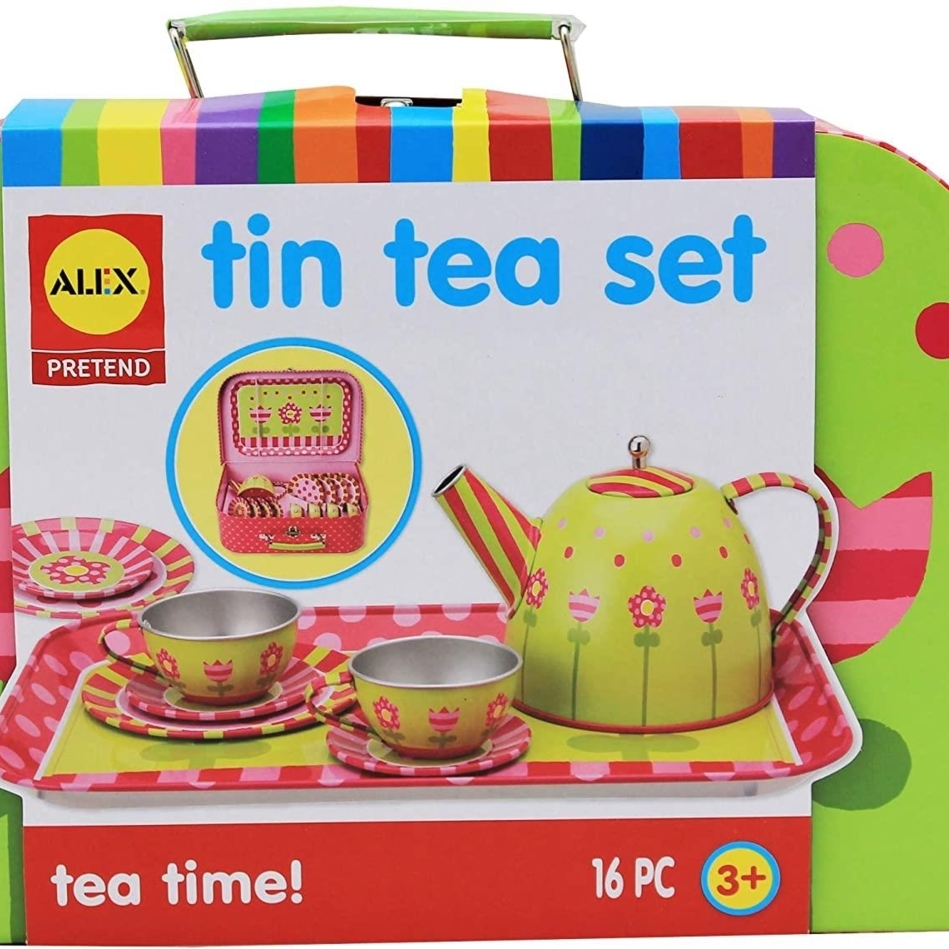 Alex Pretend Play Tea Time Tin 16pc Floral Kids Teapot Party Set Toys