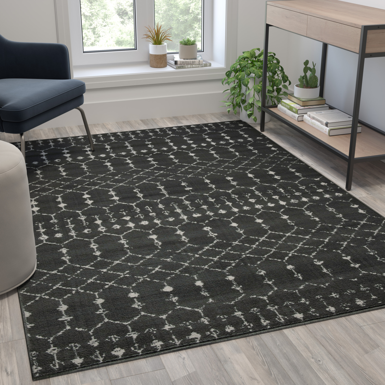 Geometric Bohemian Low Pile Rug - 5' X 7' - Dark Gray And Ivory Polyester