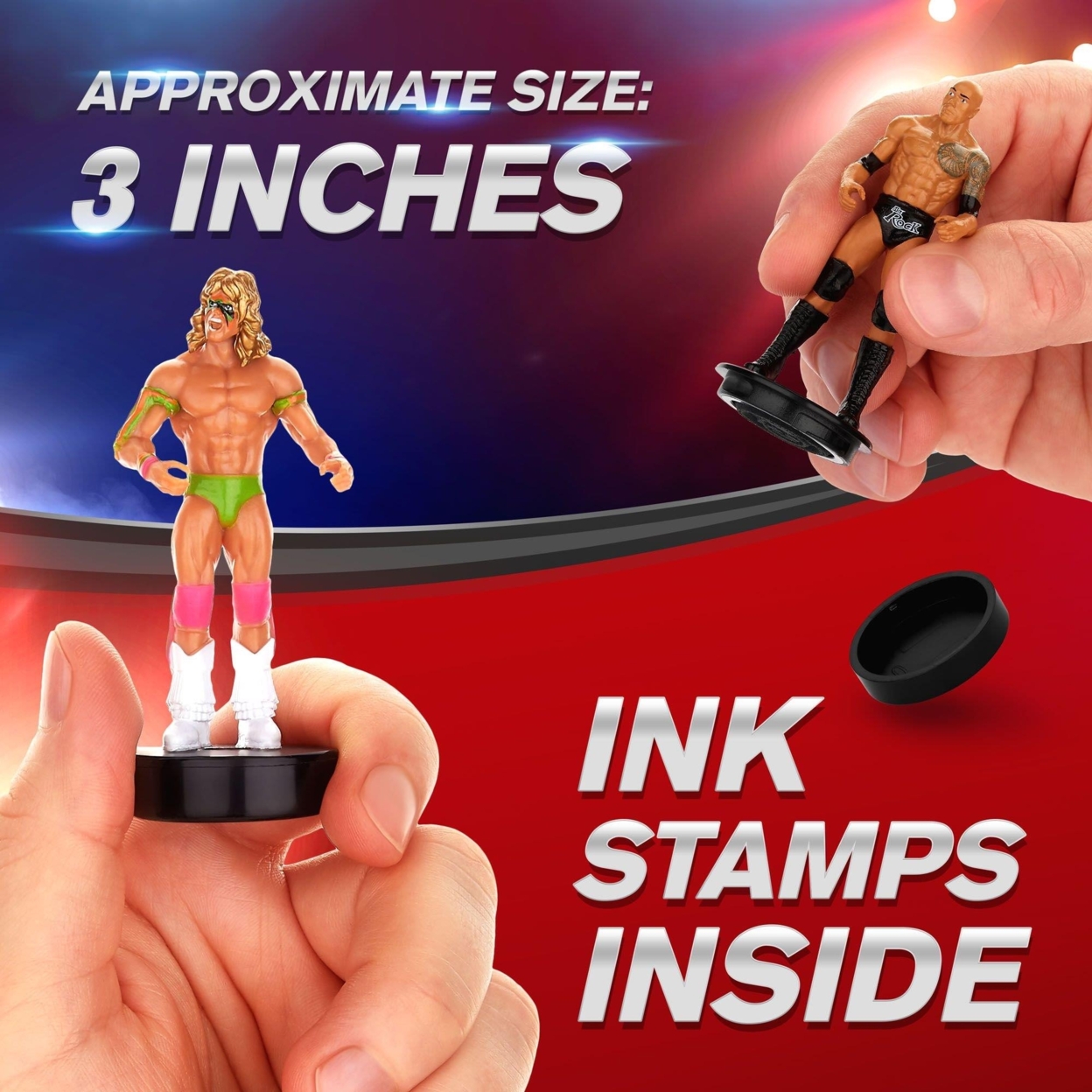 WWE Wrestler Stampers 5pk The Rock Mysterio Becky Lynch Ultimate Warrior PMI International