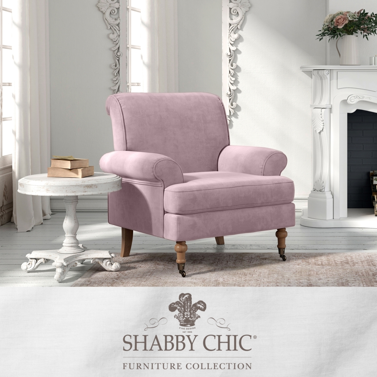 Jaclyn Accent Chair-Saber Back Leg-Front Leg Casters-Rolled Arms - blush