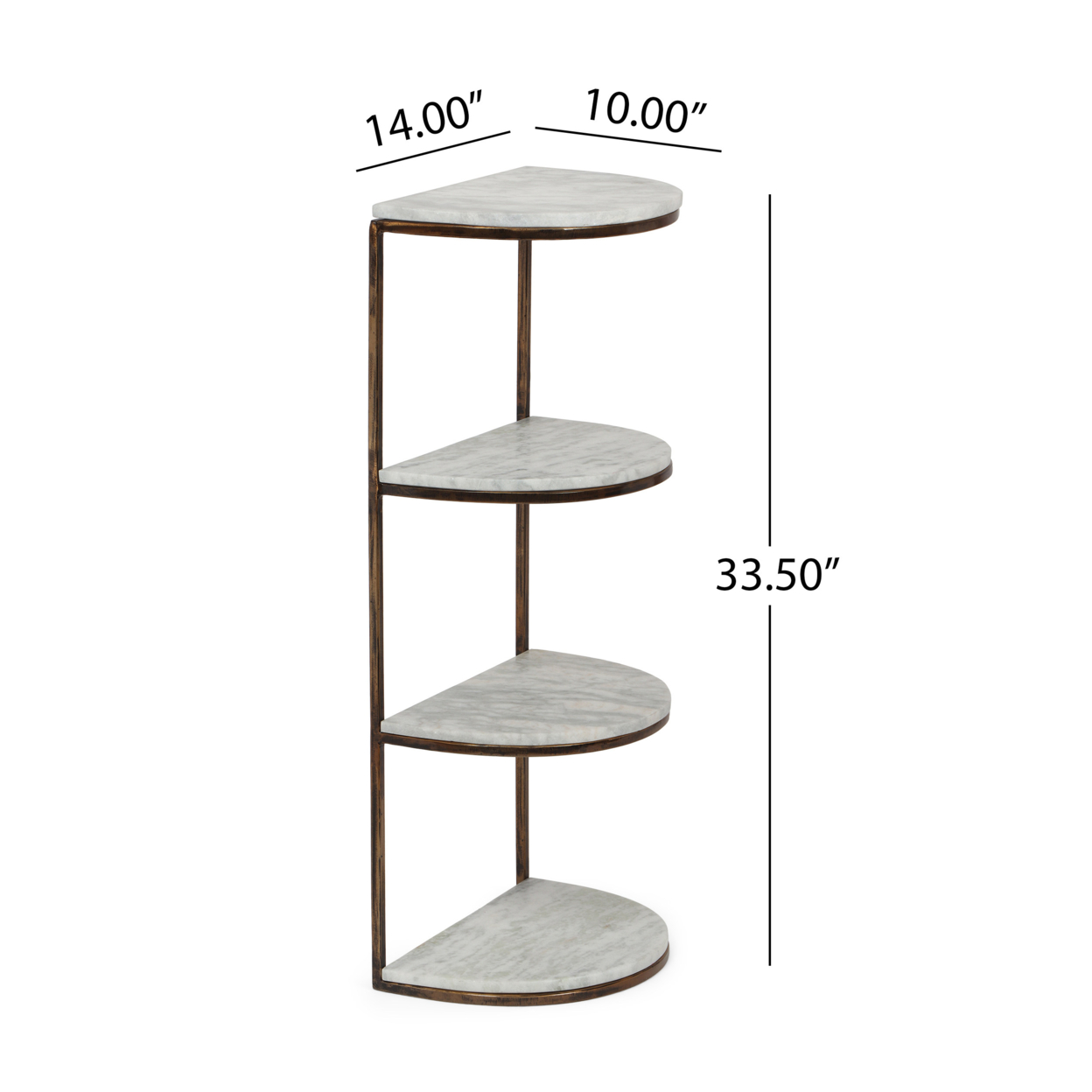 Greycliff Modern Glam Handcrafted Marble Half Round Etagere Bookcase, Natural White And Antique Brass