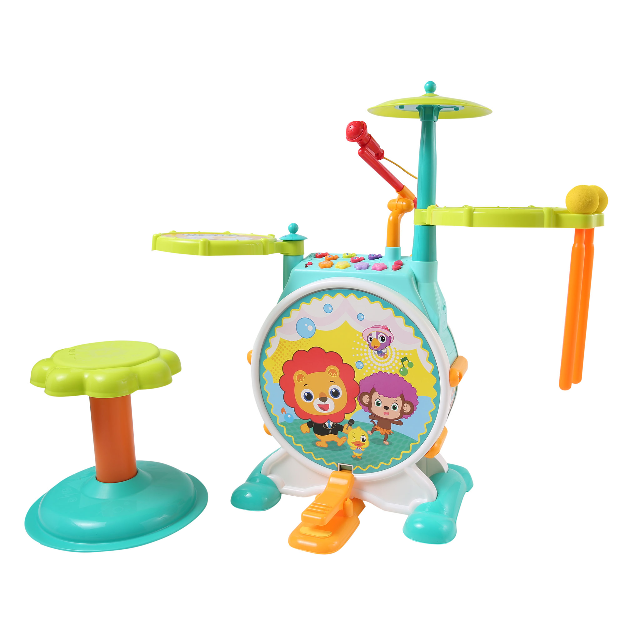 Dimple Electric Big Toy Drum Set For Kids With Microphone Pedal N Stool - Pre Recorded Songs Instruments Music Lights N Sounds