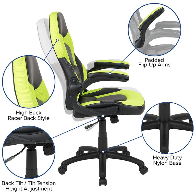 X10 Gaming Chair Racing Office Ergonomic Computer PC Adjustable Swivel Chair With Flip-up Arms, Neon Green And Black LeatherSoft