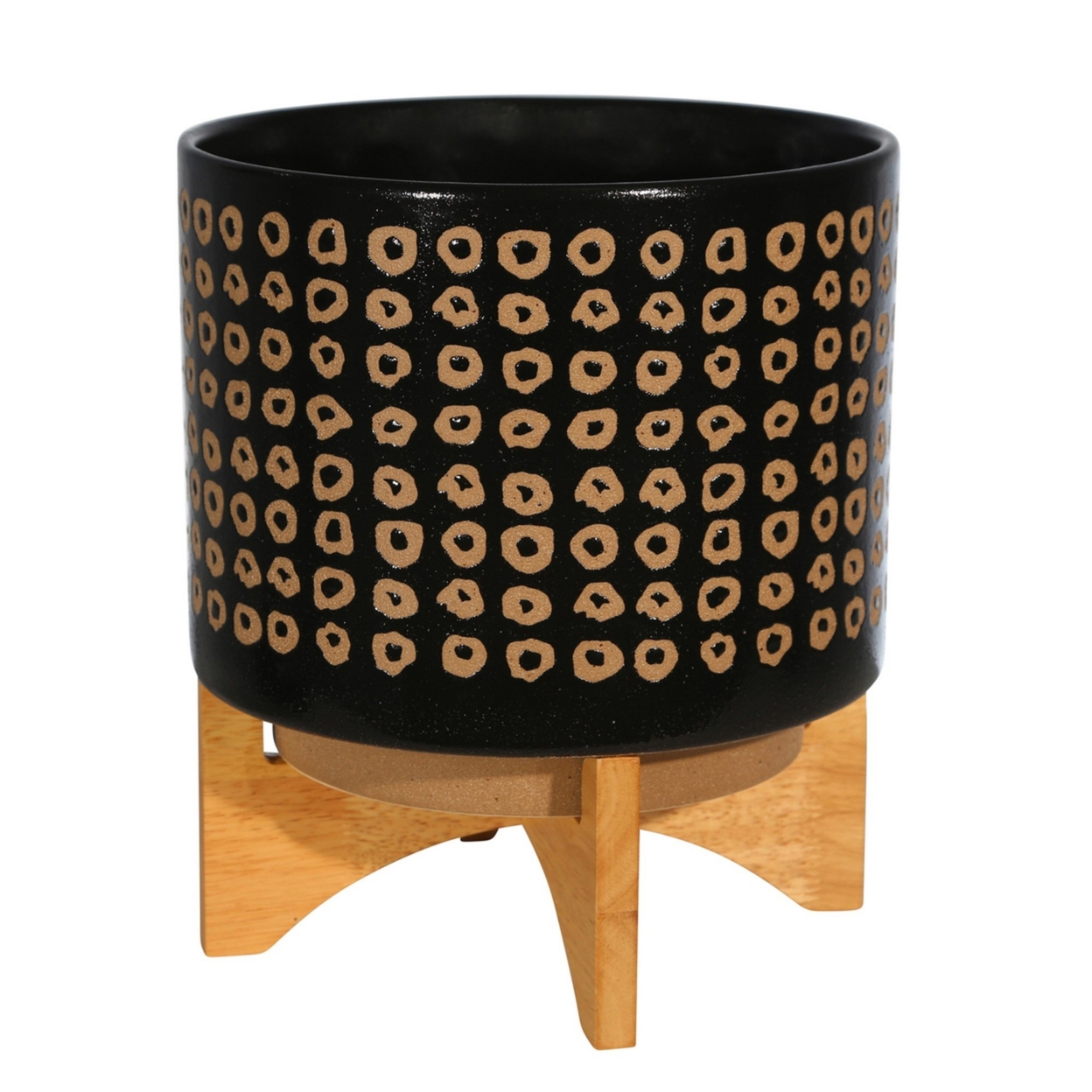 Planter With Wooden Stand And Abstract Design, Large, Black- Saltoro Sherpi