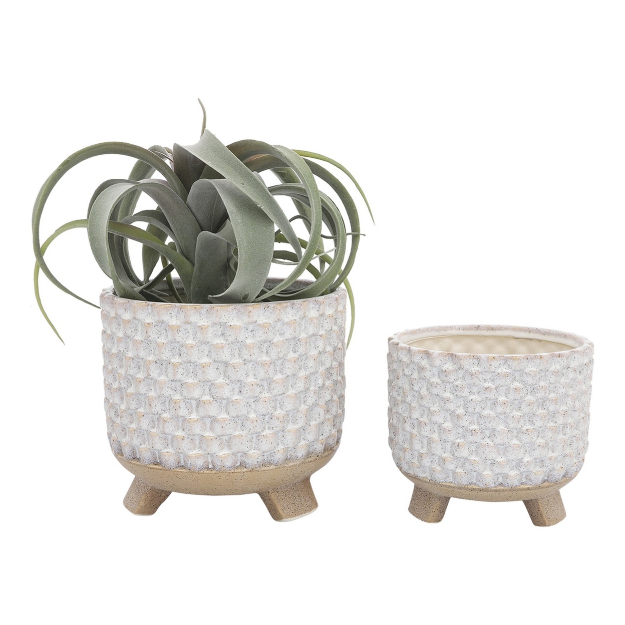 Planter With Textured Design And Footed Base, Set Of 2, Off White- Saltoro Sherpi