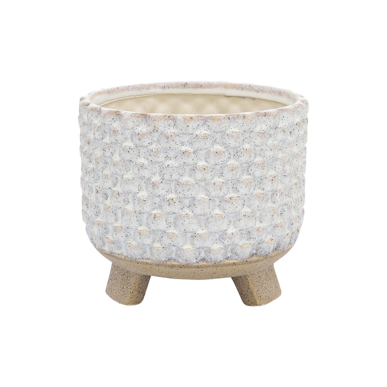 Planter With Textured Design And Footed Base, Set Of 2, Off White- Saltoro Sherpi