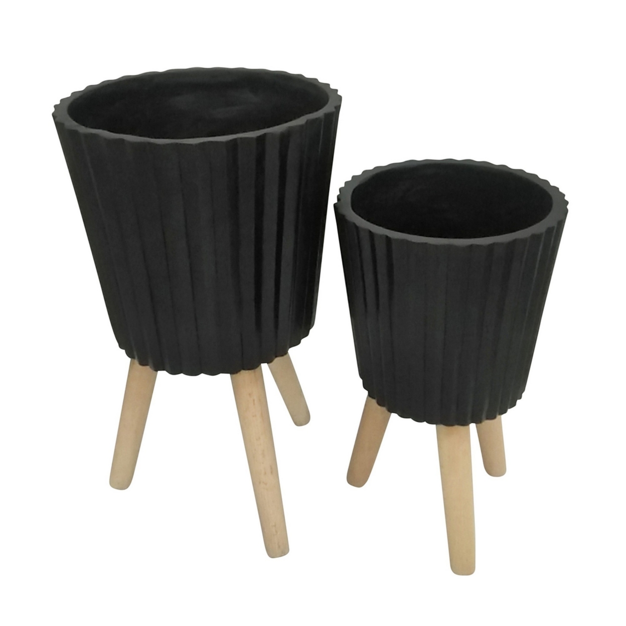 Planter With Ridged Design And Wooden Legs, Set Of 2, Black And Brown- Saltoro Sherpi