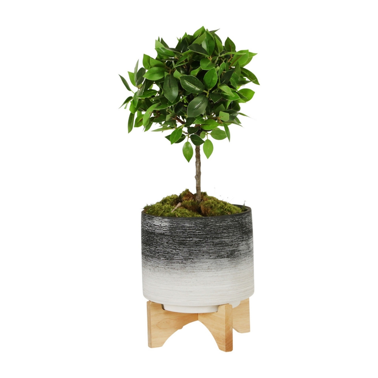 Planter With Wooden Stand And Fine Lines Design, Small, Gray- Saltoro Sherpi