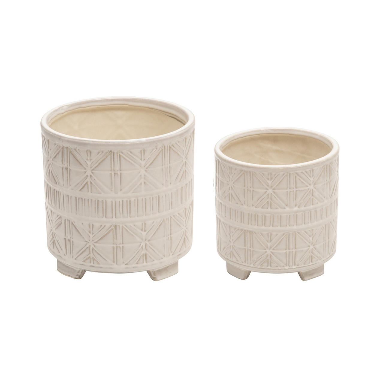 Footed Planter With Ceramic And Geometric Pattern, Set Of 2, Beige- Saltoro Sherpi