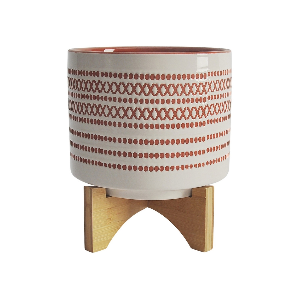 Ceramic Planter With Engraved Tribal Pattern And Wooden Stand, Large, Orange- Saltoro Sherpi
