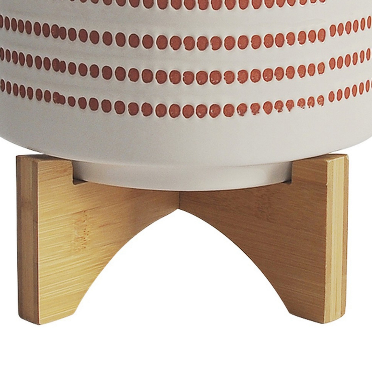 Ceramic Planter With Engraved Tribal Pattern And Wooden Stand, Large, Orange- Saltoro Sherpi