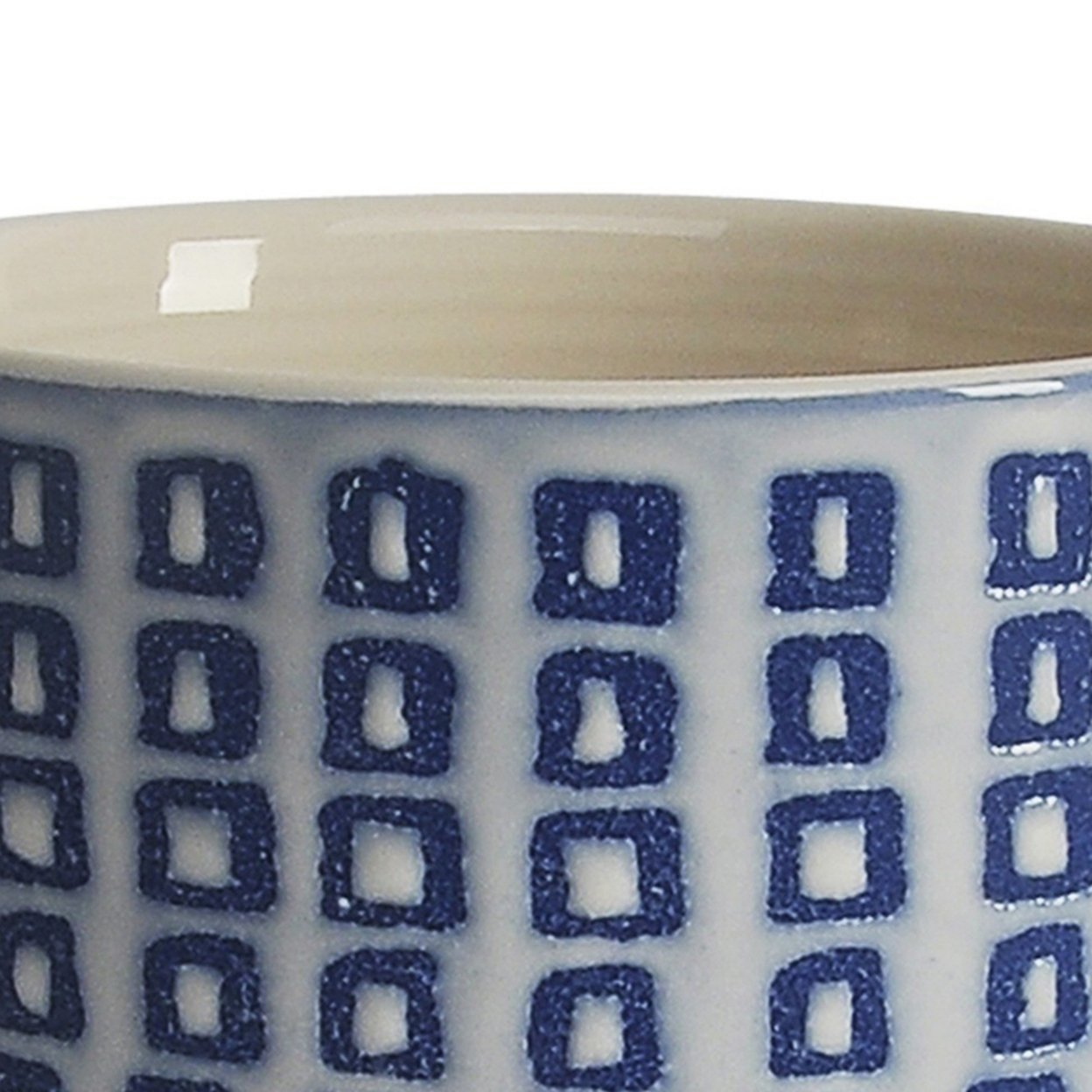 Ceramic Planter With Saucer And Square Pattern, White And Blue, Saltoro Sherpi