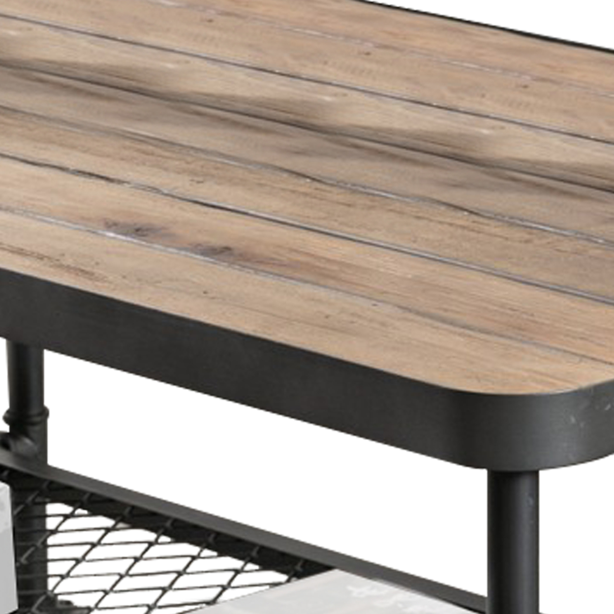 Coffee Table With Plank Top And Mesh Shelf, Brown And Gray- Saltoro Sherpi