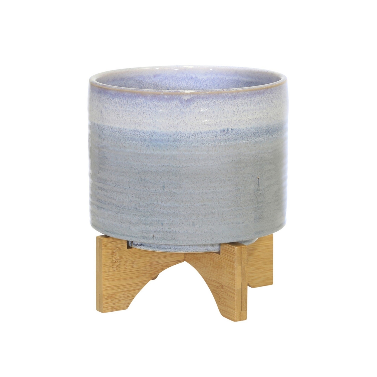 Planter With Ceramic And Wooden Stand, Blue And Brown- Saltoro Sherpi