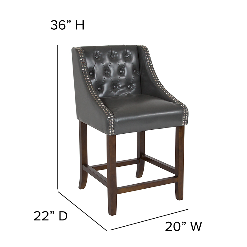 Carmel Series 24 High Transitional Tufted Walnut Counter Height Stool With Accent Nail Trim In Dark Gray LeatherSoft