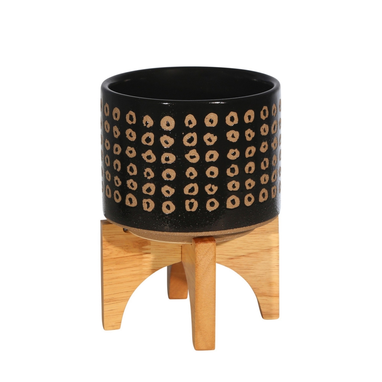 Planter With Wooden Stand And Abstract Design, Small, Black- Saltoro Sherpi