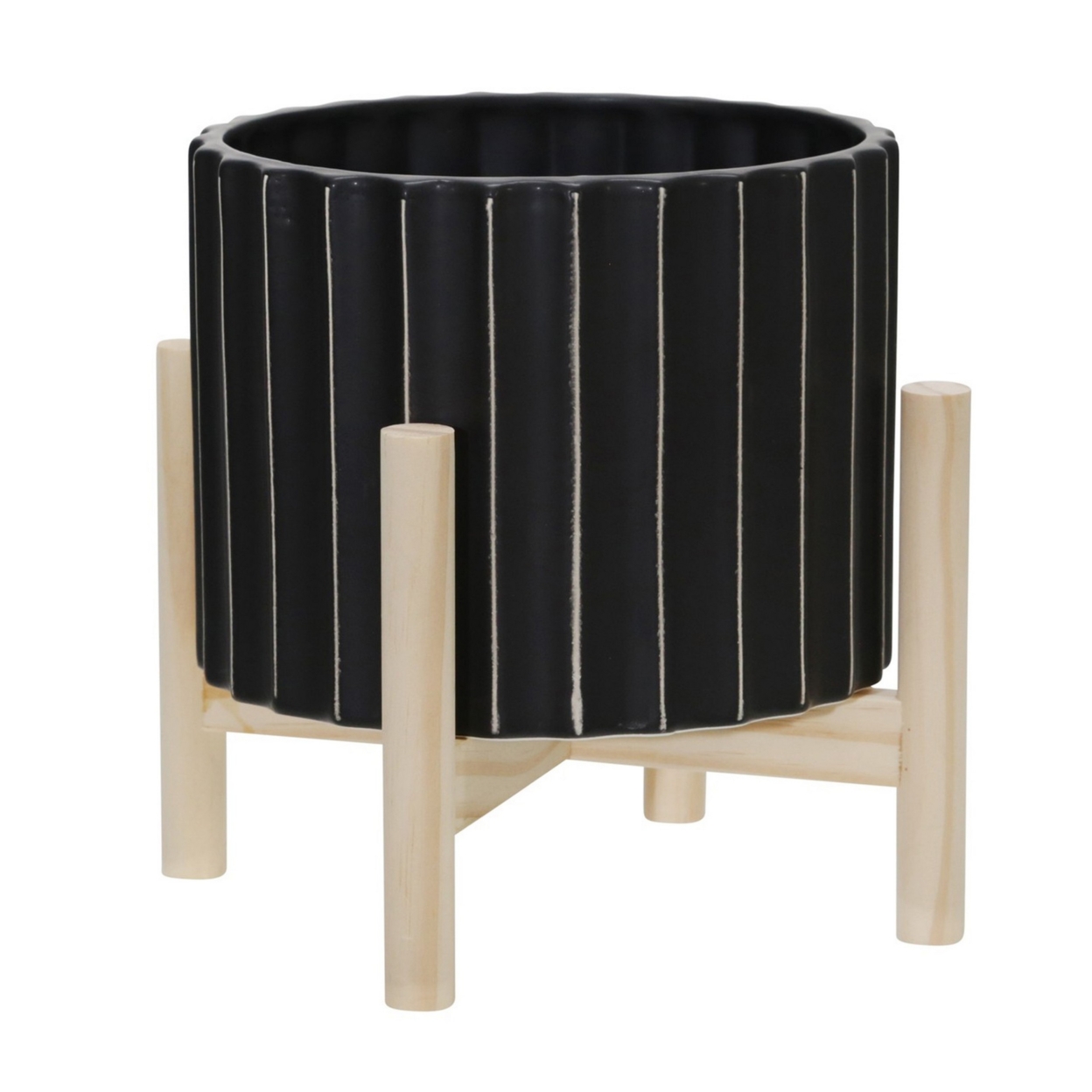 Planter With Fluted Pattern And Wooden Stand, Black- Saltoro Sherpi