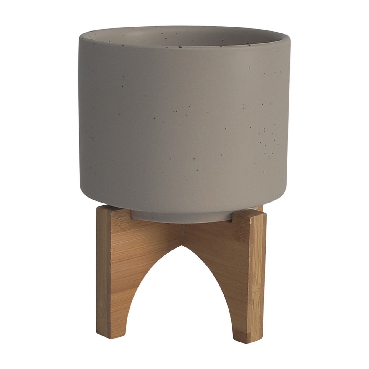 Ceramic Planter With Terrazzo Design And Wooden Stand, Gray- Saltoro Sherpi