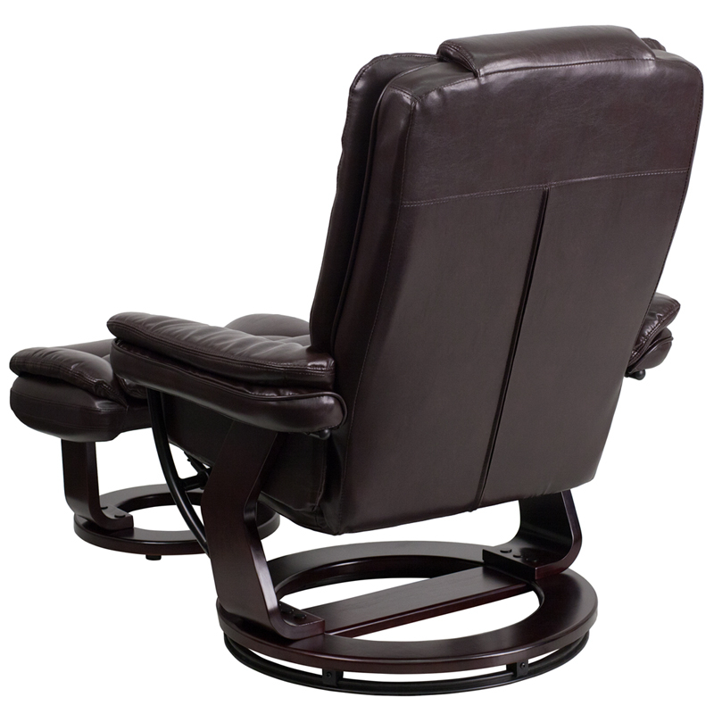 Contemporary Multi-Position Recliner With Horizontal Stitching And Ottoman With Swivel Mahogany Wood Base In Brown LeatherSoft