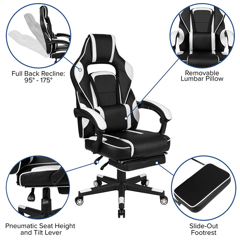 Black Gaming Desk With Cup Holder And Headphone Hook,2 Wire Management Holes & White Reclining Back And Arms Gaming Chair With Footrest